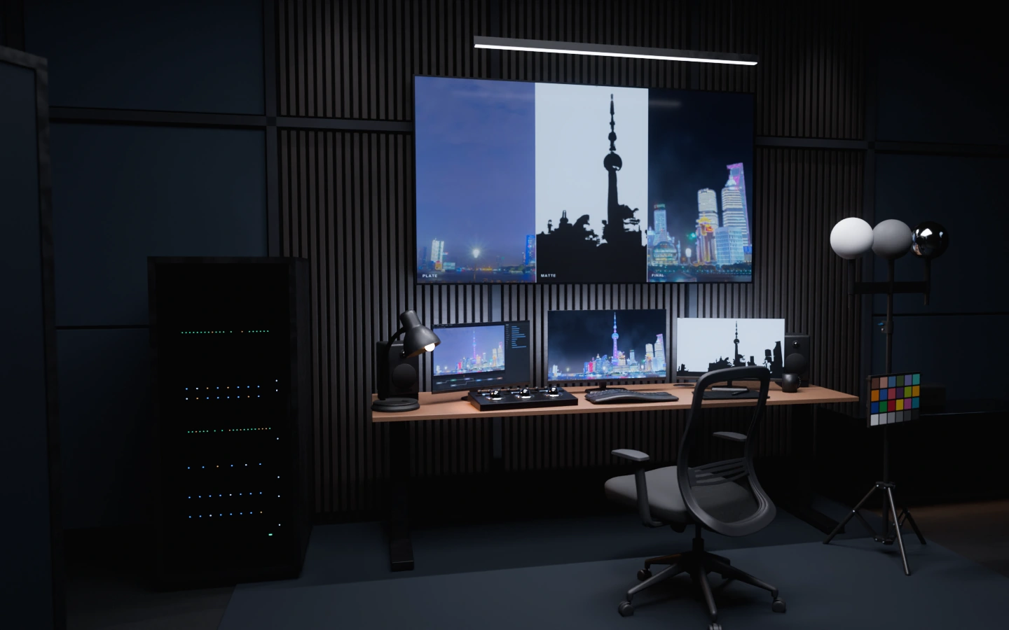 THE BOOTH: a dark compositing suite, a desk with calibrated monitors showing a shot's layers, a chair, acoustic panels