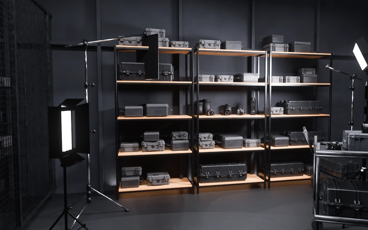 THE CAGE: black steel shelves of black hard cases, camera bodies and lenses, C-stands and a lit panel