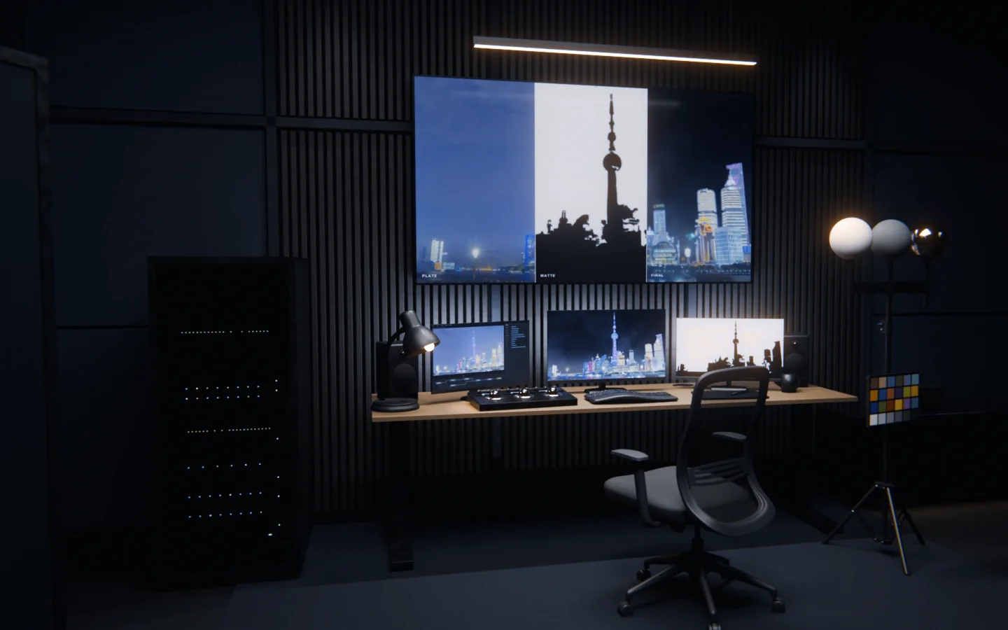 THE BOOTH: a dark compositing suite, a desk with calibrated monitors showing a shot's layers, a chair, acoustic panels