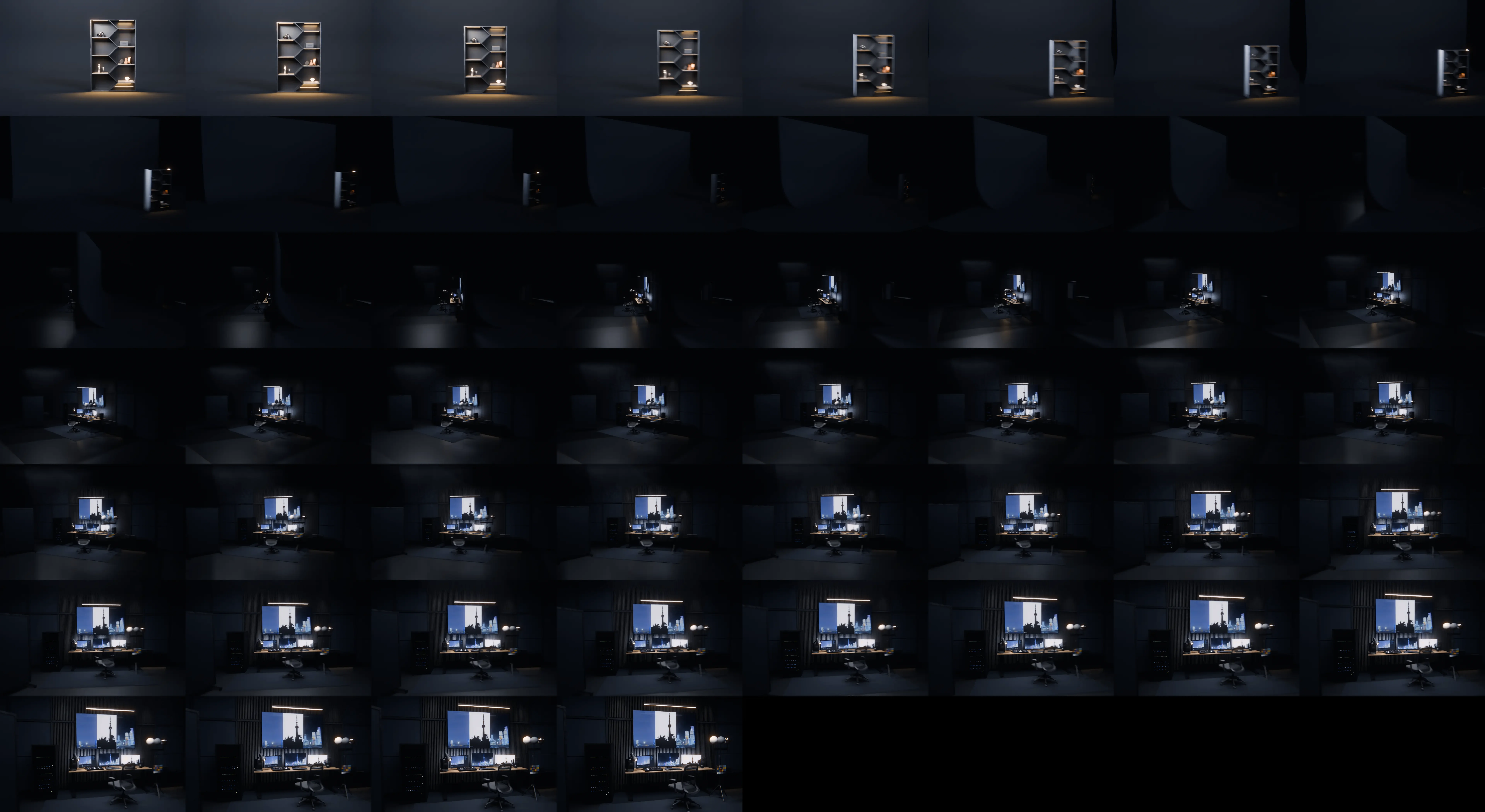 The stage revolves: the cabinet's set turns away and the compositing suite built on its back turns into view