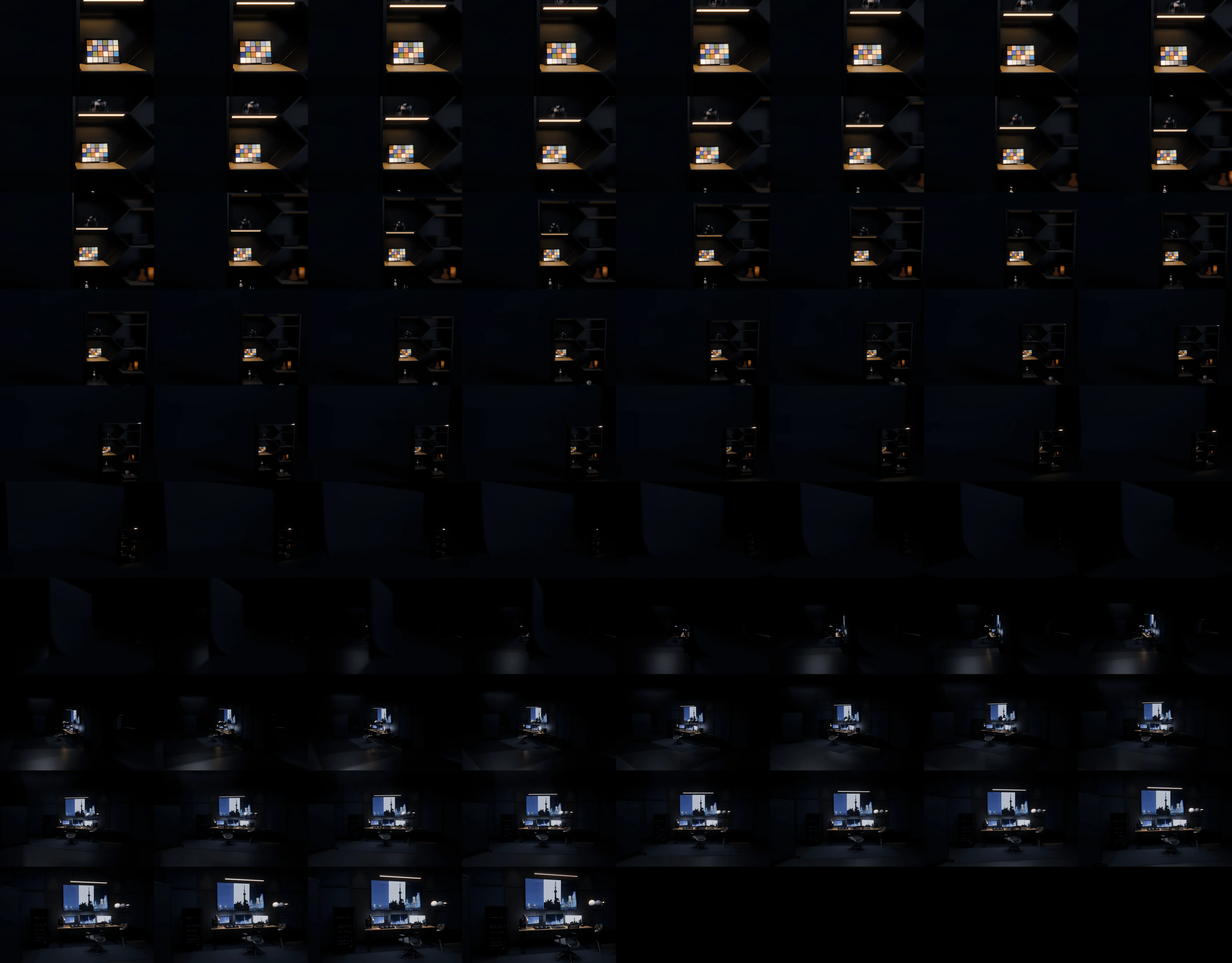 From the close-up the camera pulls away as the stage revolves, and the compositing suite built on its back turns into view